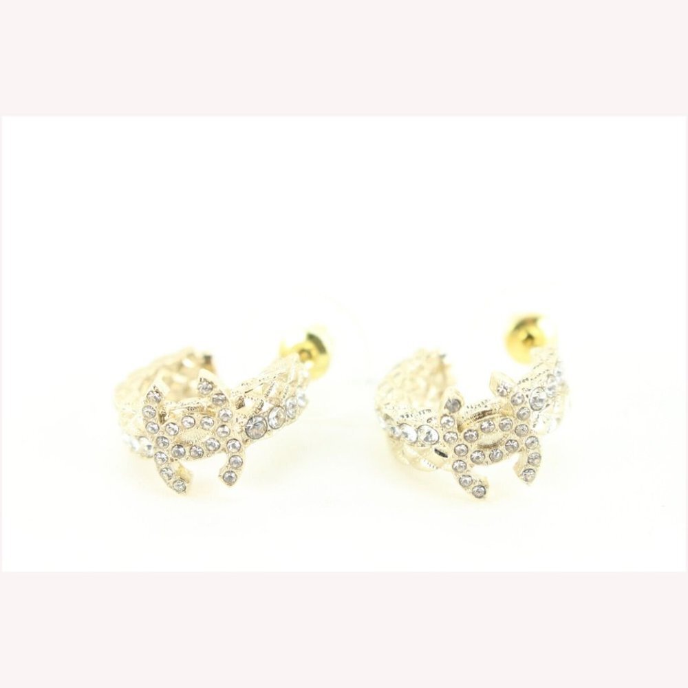 Chanel 23V Gold Quilted Crystal CC Hoop Earrings 5CJ1229